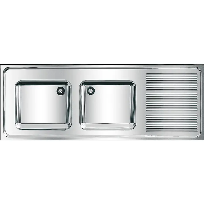 KWC Waschbecken KWC -  - Polierte Edelstahl-Küchenspüle mit zwei Becken und geriffelter Abtropffläche.