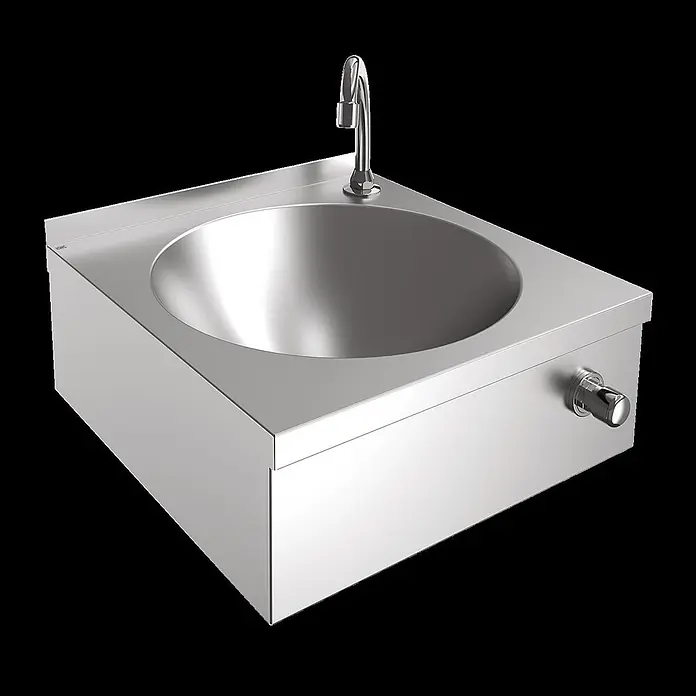 KWC Waschbecken KWC - Hahnloch: Rechts, Ohne Überlauf - Edelstahl-Handwaschbecken mit Wasserhahn und kniebetätigtem Ventil.