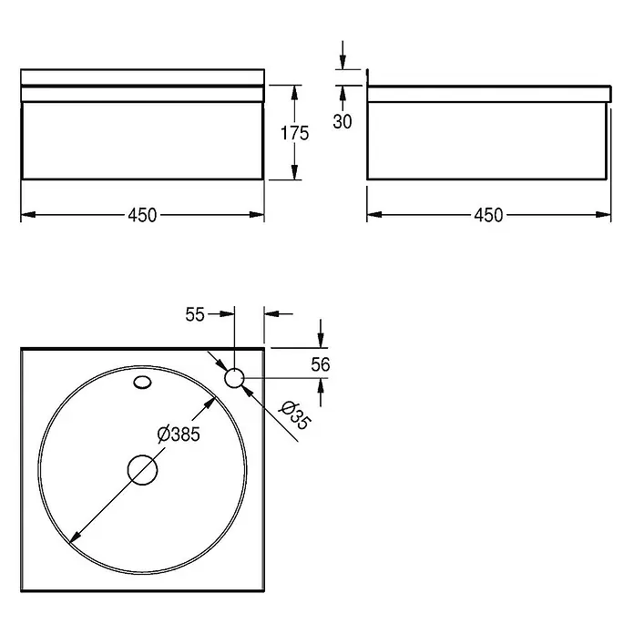 KWC Waschbecken KWC - Hahnloch: Rechts, Mit Überlauf - Technisches Datenblatt eines quadratischen Waschbeckens mit Maßen: 450mm Seitenlänge, 175mm Höhe, 385mm Beckendurchmesser, und ein 35mm Hahnloch.