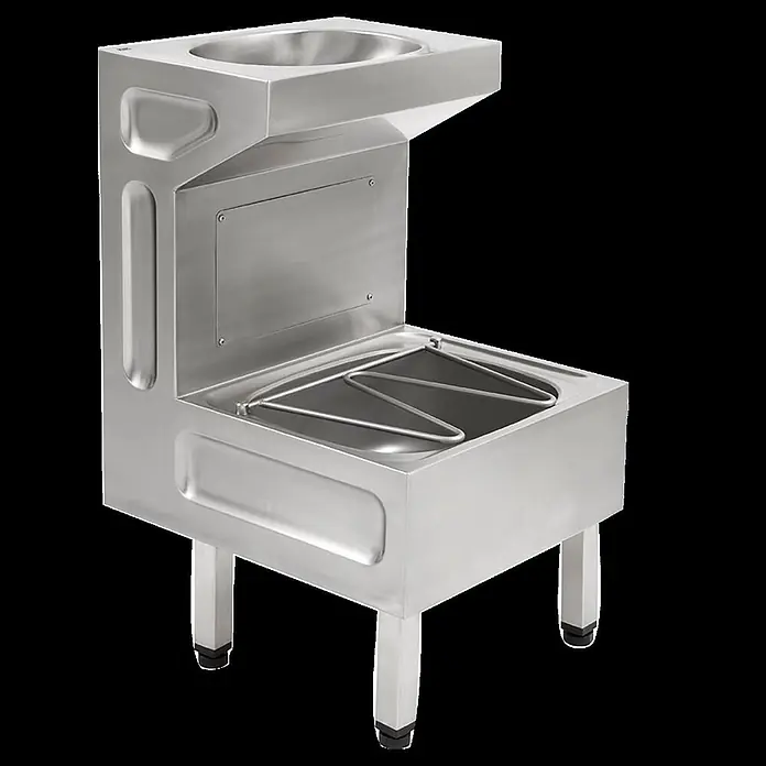 KWC Waschbecken KWC - Ohne Überlauf, Chromnickelstahl - Edelstahl-Bain-Marie mit oberem Spülbecken und unterem beheizten Becken mit Drahtgestell, auf vier Beinen.