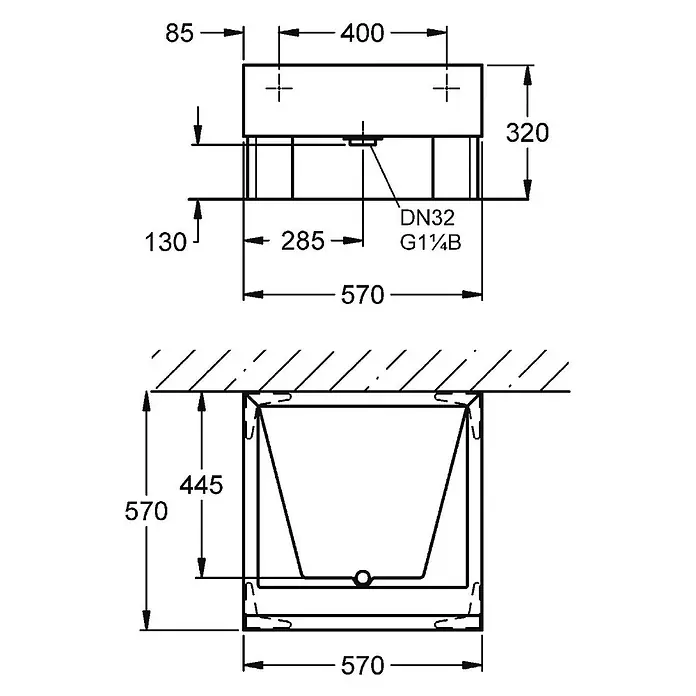 KWC Waschbecken KWC -  - Technische Zeichnung eines rechteckigen Beckens/Waschbeckens mit Maßen (z.B. 570x400x320 mm) und G1¼B Ablaufdetails.