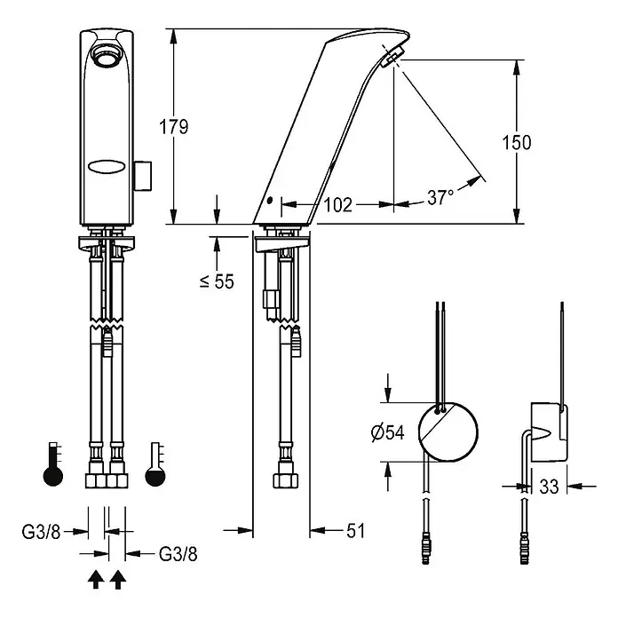 KWC Waschbecken KWC -  - Technisches Zeichnung eines Einhebel-Waschtischmischers aus Metall mit Maßen, Anschlüssen (G3/8) und Installationsdetails.