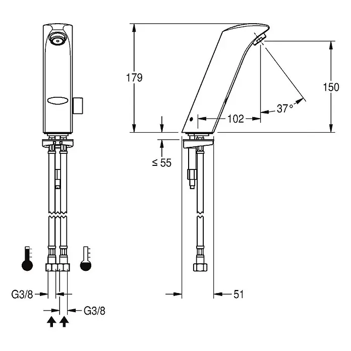 KWC Waschbecken KWC -  - Technisches Diagramm eines Einhebel-Küchenmischers mit Maßen und G3/8 Warm-/Kaltwasseranschlüssen.