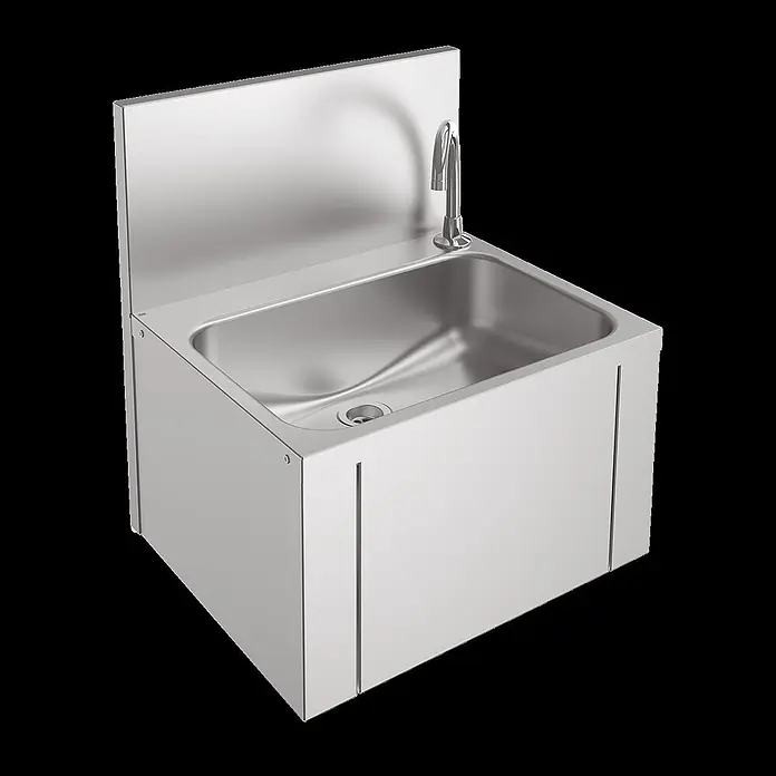 KWC Waschbecken KWC - Ohne Überlauf, Edelstahl - Edelstahl-Spülbecken mit integriertem Becken, Wasserhahn und hoher Rückwand. Ideal für Hygienebereiche.