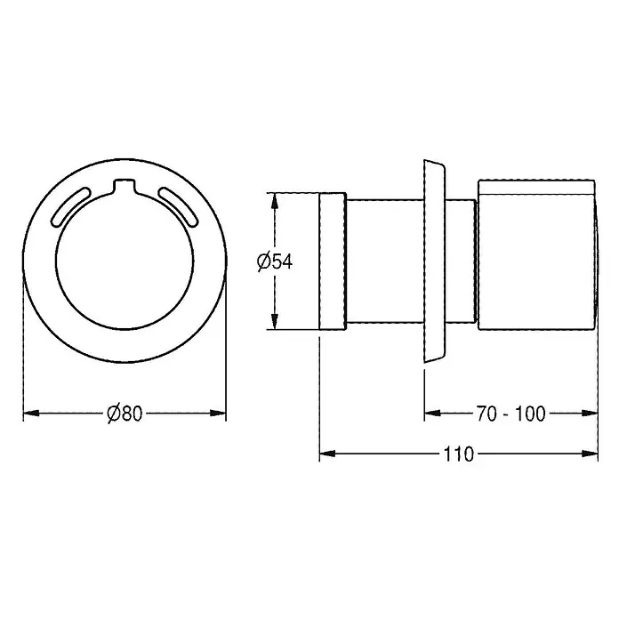 KWC Waschbecken KWC -  - Technische Zeichnung: Ø80mm Rundanschluss, Ø54mm Zylinderkörper, 70-100mm einstellbare Länge, Gesamtlänge 110mm.