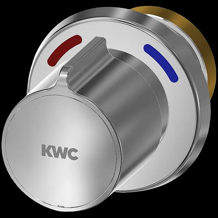 KWC Waschbecken KWC -  - KWC Thermostat-Armaturengriff in Chrom-Optik mit roten und blauen Temperaturanzeigen.