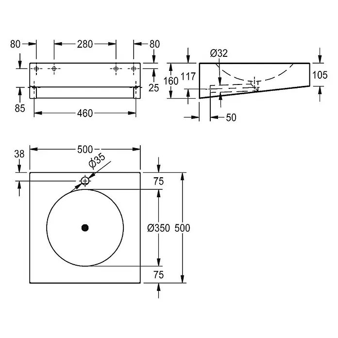 KWC Waschbecken KWC - Ohne Überlauf, Chromnickelstahl - Technische Zeichnung eines rechteckigen Waschbeckens (500x500mm) mit integriertem runden Becken (Ø350mm), Hahnloch (Ø35mm) und Ablauf (Ø32mm).