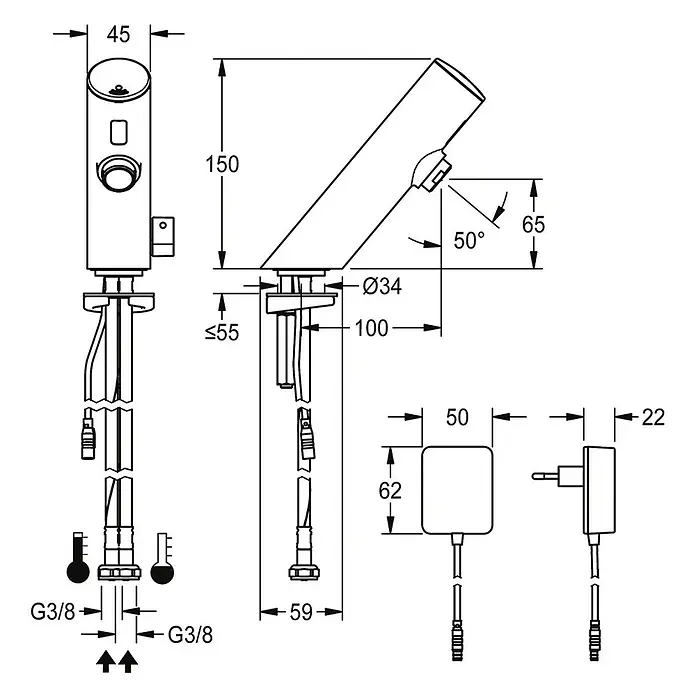 KWC Waschbecken KWC -  - Technische Zeichnung einer elektronischen Armatur mit Maßen, G3/8-Anschlüssen und Netzteil.