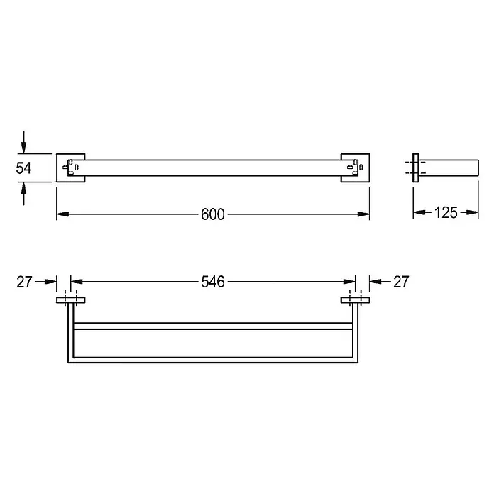 KWC Waschbecken KWC - Edelstahl - Technische Zeichnung eines rechteckigen Handtuchhalters mit Maßen: 600mm Länge, 54mm Höhe und 125mm Ausladung.