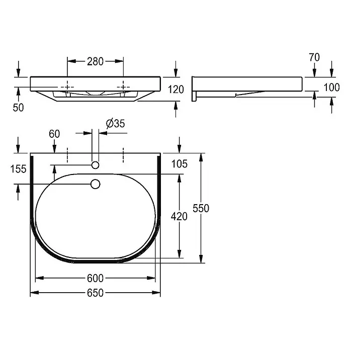 KWC Waschbecken KWC - Ohne Überlauf, Alpinweiß mit Farbstreifen - Technische Zeichnung eines Waschbeckens mit Maßen wie 650x420mm gesamt, 120mm Höhe und einem 35mm Hahnloch.