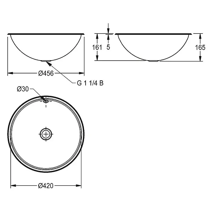 KWC Waschbecken KWC - Mit Überlauf, Edelstahl - Technische Zeichnung eines runden Beckens mit Ø456mm Oberkante, 161mm Höhe, Ø30mm Ablauf und G 1 1/4 B Anschluss.