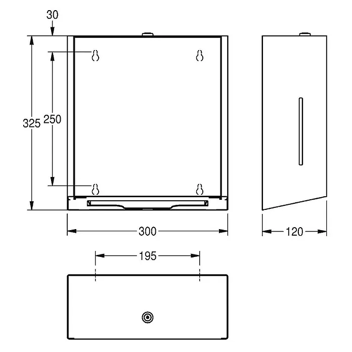 KWC Waschbecken KWC -  - Rechteckiger Wandspender mit Vorder-, Seiten- und Draufsicht und detaillierten Abmessungen. Ideal für Hygieneprodukte.