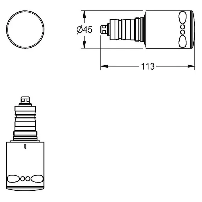 KWC Waschbecken KWC -  - Technische Zeichnung einer zylindrischen Kartusche mit Maßen: Durchmesser 45mm, Länge 113mm.