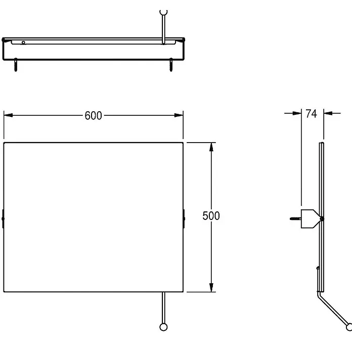 KWC Waschbecken KWC -  - Technische Zeichnung einer rechteckigen Hängeplatte mit Abmessungen 600x500x74.