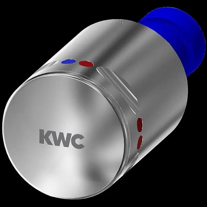 KWC Waschbecken KWC -  - Silbermetallic zylindrisches KWC Wasserregelelement mit blauen und roten Temperaturindikatoren.