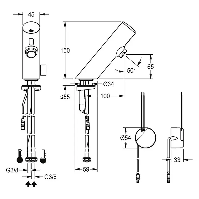 KWC Waschbecken KWC -  - Technische Zeichnung einer Armatur mit Maßen, Installationsdetails und Anschlussgrößen.