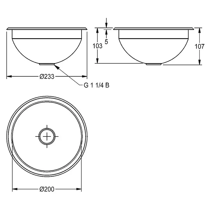 KWC Waschbecken KWC - Mit Überlauf - Technische Zeichnung eines runden Beckens, Ø233mm oben, 107mm hoch, mit G 1 1/4 B Ablauf.