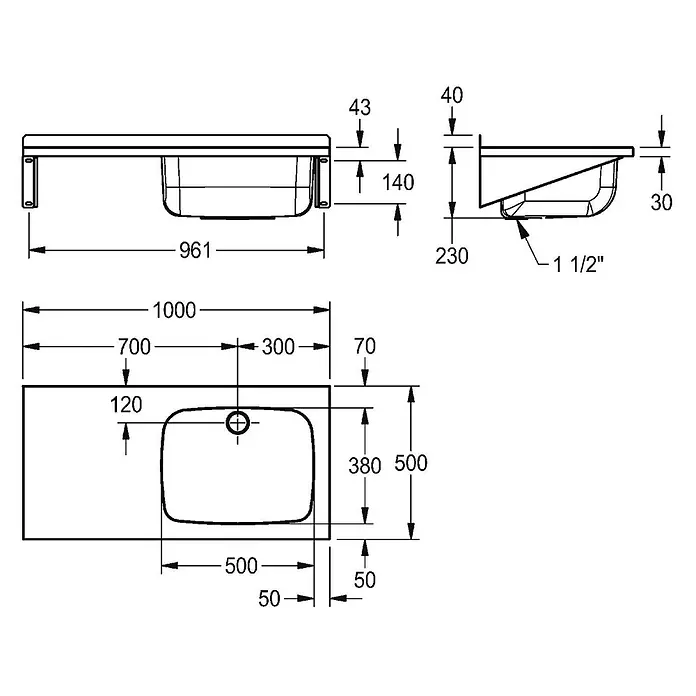 KWC Waschbecken KWC -  - Technische Zeichnung eines rechteckigen Waschbeckens mit integriertem Becken und detaillierten Maßen.