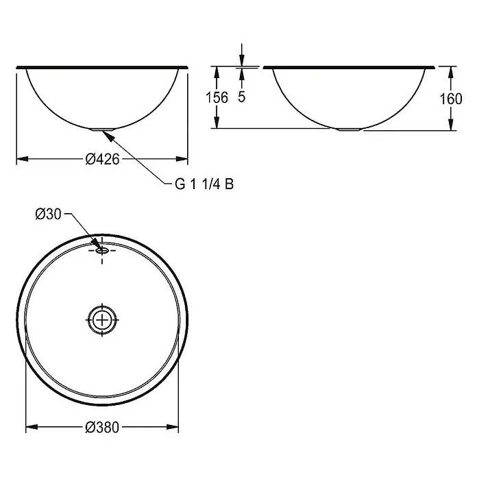 KWC Waschbecken KWC - Mit Überlauf - Technische Zeichnung eines runden Aufsatzwaschbeckens, Maße (Ø426x160mm) und G 1 1/4 B Ablaufanschluss.