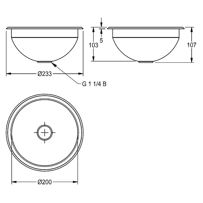 KWC Waschbecken KWC - Hahnloch: Rechts, Ohne Überlauf, Edelstahl - Rundes Waschbecken mit Maßen Ø233mm oben, 107mm Höhe und G 1 1/4 B Ablaufanschluss.