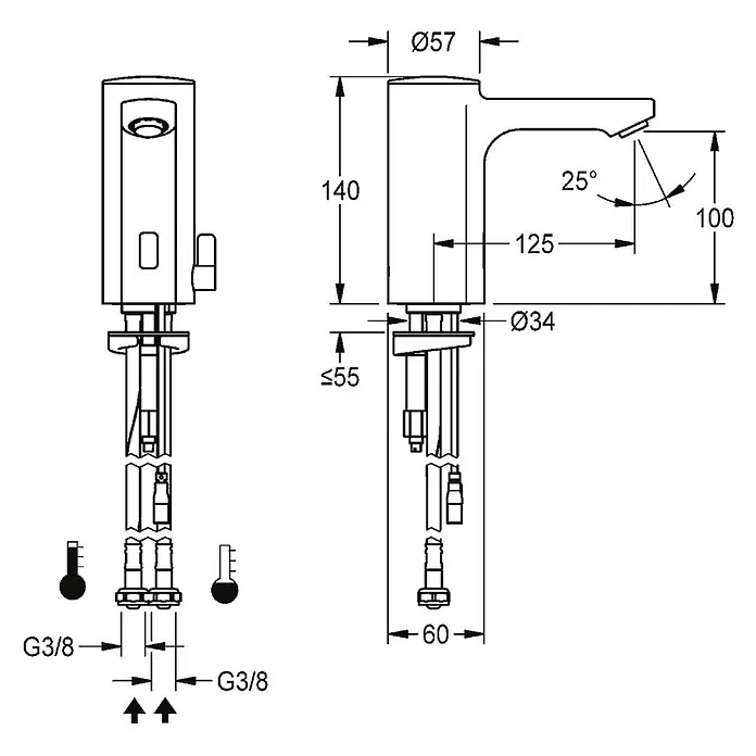 KWC Waschbecken KWC -  - Technisches Datenblatt eines Wasserhahns mit Maßen: 140mm Gesamthöhe, 125mm Ausladung und G3/8 Anschlüsse.