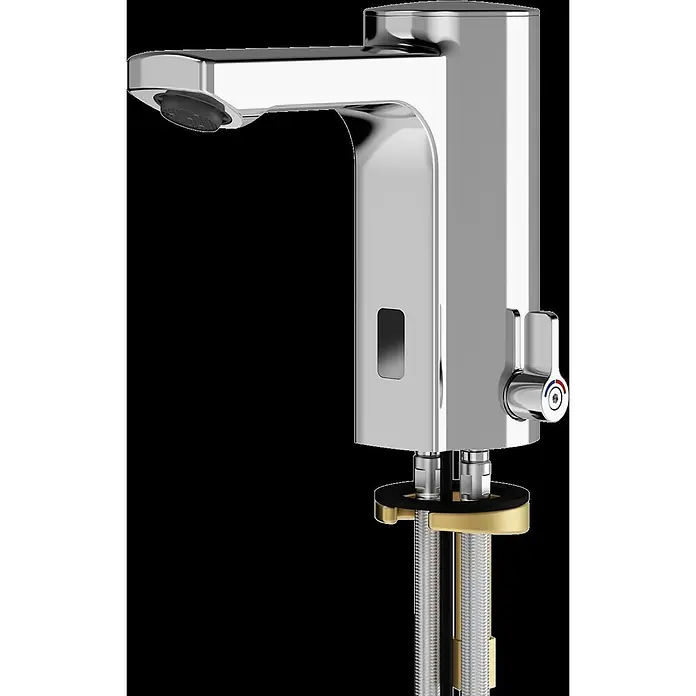 KWC Waschbecken KWC -  - Verchromte automatische Sensorarmatur mit Temperaturregelhebel und sichtbaren Installationsteilen.