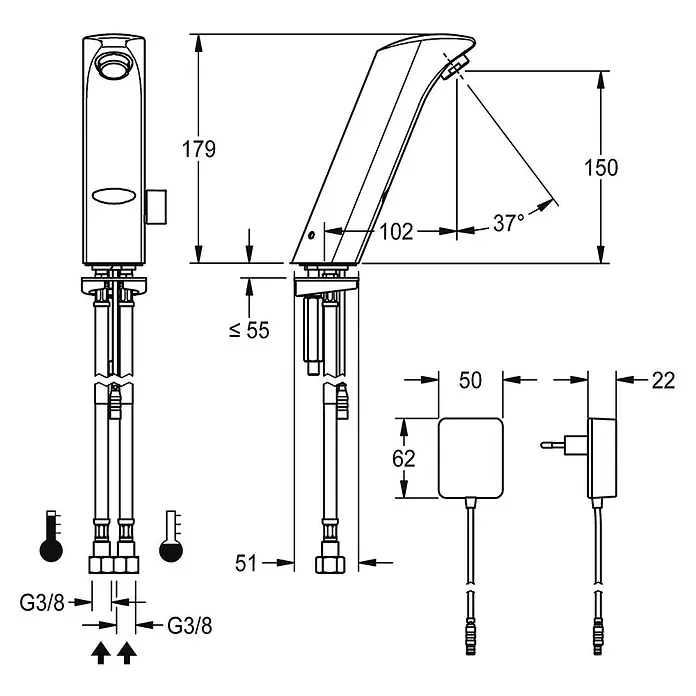 KWC Waschbecken KWC -  - Technische Zeichnung eines Wasserhahns mit Maßen: 179mm Gesamthöhe, 150mm Auslaufhöhe, 102mm Ausladung, G3/8 Anschlüsse. Inkl. 50x62mm Steuerbox.