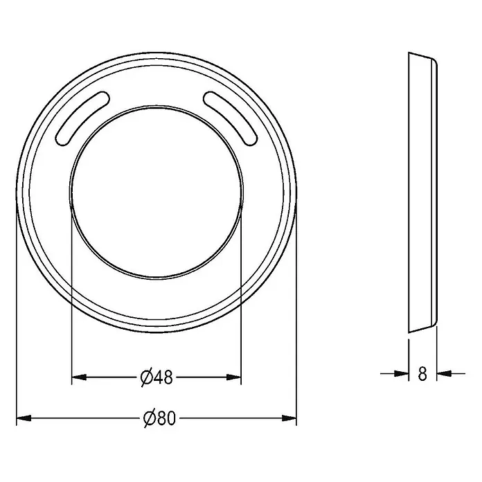 KWC Waschbecken KWC -  - Technische Zeichnung einer runden Abdeckung mit zwei Schlitzen, 80 mm Außendurchmesser, 48 mm Innendurchmesser und 8 mm Dicke.