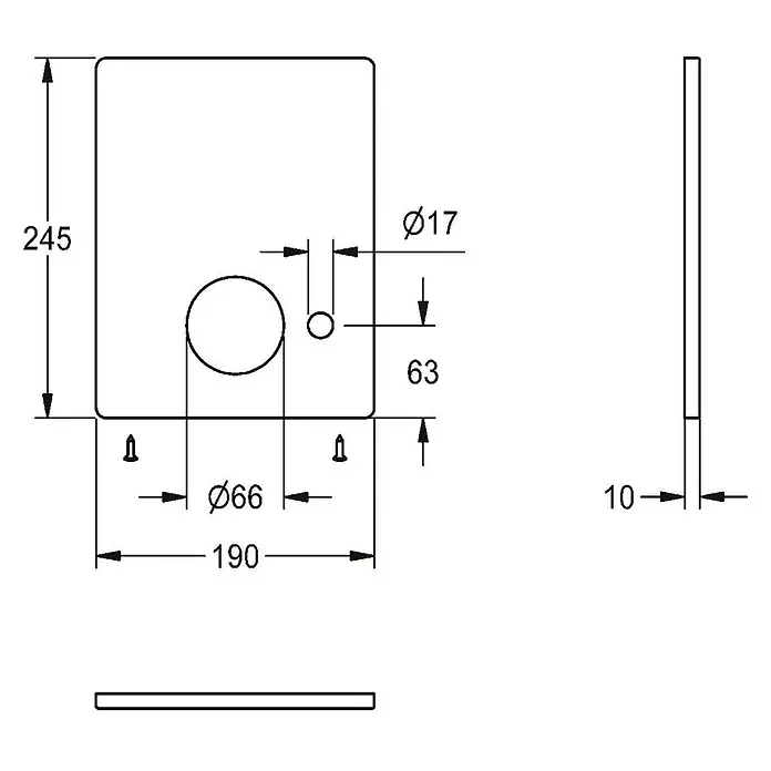 KWC Waschbecken KWC -  - Bemaßte Zeichnung einer rechteckigen Platte mit abgerundeten Ecken, zwei Löchern (Ø66mm, Ø17mm). Gesamtmaße 245x190x10mm.