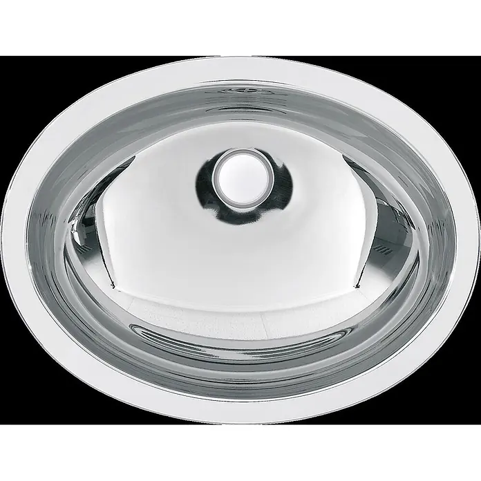 KWC Waschbecken KWC - Mit Überlauf, Edelstahl - Glänzendes ovales Metallbecken mit zentralem Abfluss.