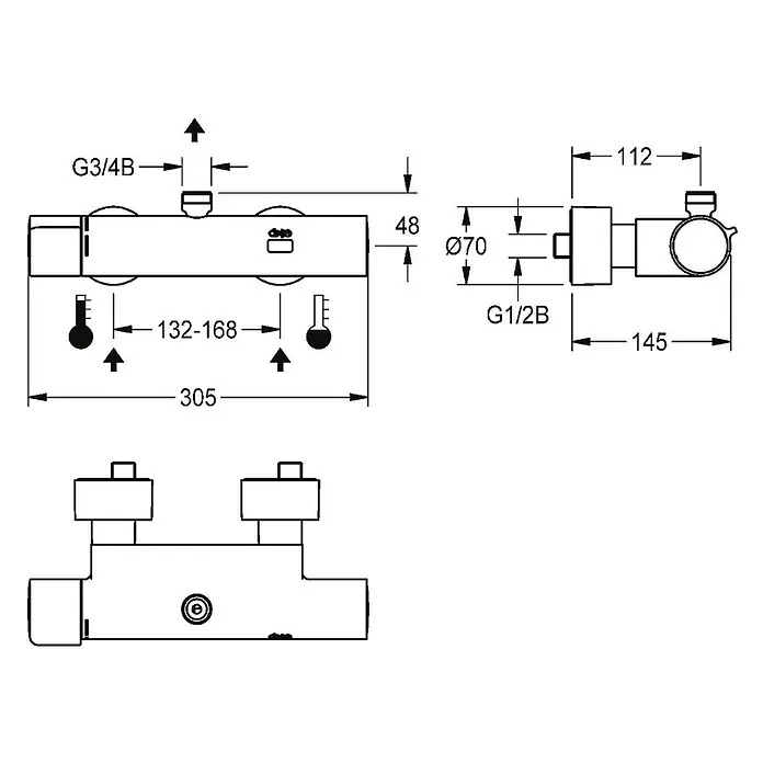 KWC Waschbecken KWC -  - Technische Zeichnung eines metallenen Sanitärverteilers mit G3/4B und G1/2B Gewindeanschlüssen und Maßen.