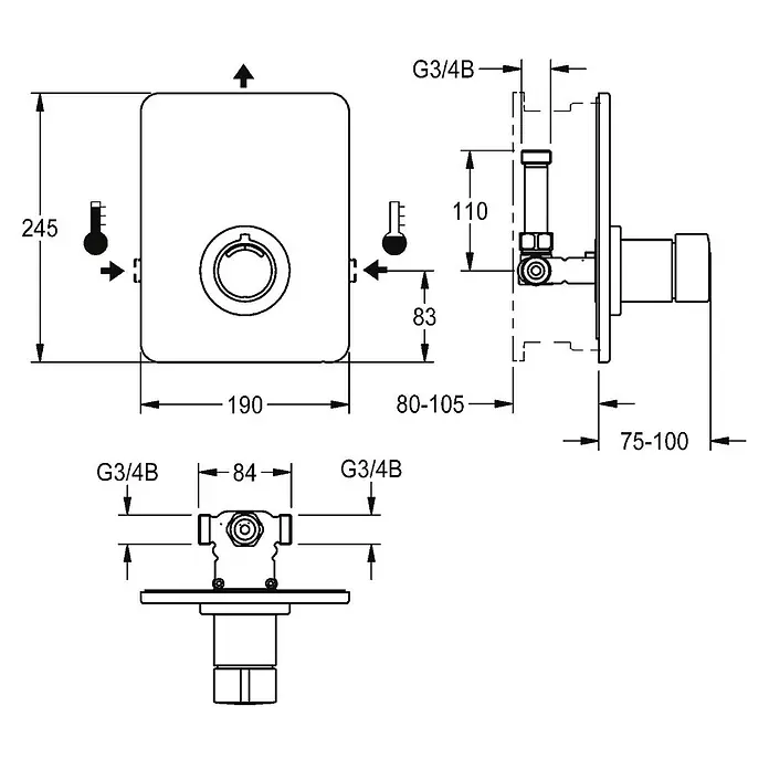 KWC Waschbecken KWC -  - Technische Zeichnung einer Unterputz-Duscharmatur, mit Maßen (245x190mm) und G3/4B-Anschlüssen.