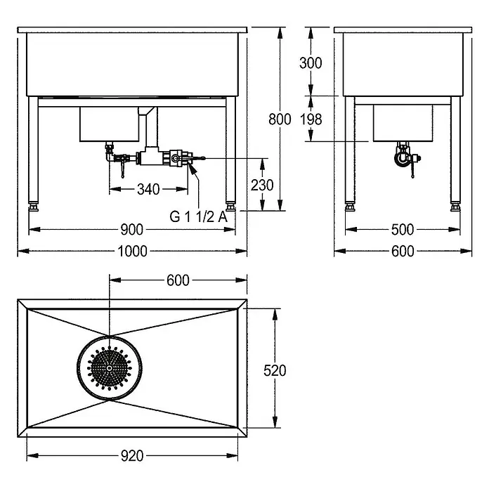 KWC AR Werkraumbecken, SIRIUS, Edelstahl,  1000x800x600 mm, U-Bau, Schlammfang -  - Technische Zeichnung einer Edelstahl-Doppelspüle mit integriertem Abfluss und Maßen, Vorder-, Seiten- und Draufsicht darstellend.