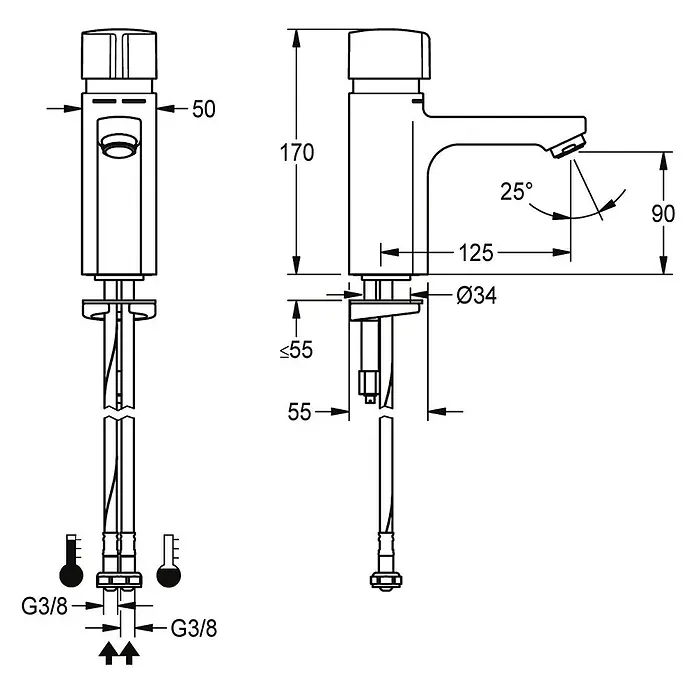 KWC Waschbecken KWC -  - Technische Zeichnung eines Einhebelmischers mit G3/8-Anschlüssen, Maße: Höhe 170mm, Ausladung 125mm, Basis Ø34mm.