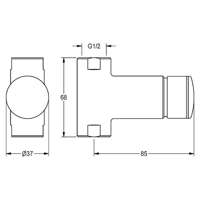 KWC Waschbecken KWC -  - Technische Zeichnung eines G1/2 Absperrhahns, 85mm lang, 68mm hoch und 37mm Durchmesser.