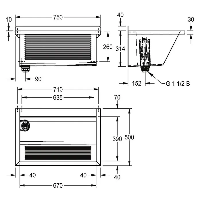 KWC Waschbecken KWC - Ohne Überlauf, Edelstahl - Technische Zeichnung eines Spülbeckens mit Draufsicht, Vorderansicht und Seitenansicht, Maße (750x670x500mm) und G 1 1/2 B Abflussanschluss.