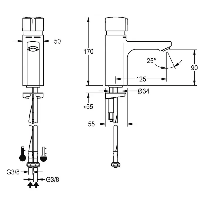 KWC Waschbecken KWC -  - Technische Zeichnung eines Einhebel-Waschtischmischers mit Maßen und Anschlussdetails.