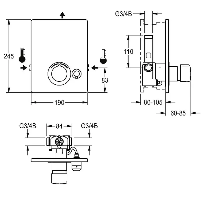 KWC Waschbecken KWC -  - Technische Zeichnung eines Unterputz-Dusch-/Badewannenmischers/Thermostats, Vorder-, Seiten- und Anschlussansichten, Maße und G3/4B-Gewinde.