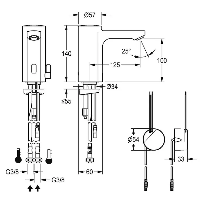 KWC Waschbecken KWC -  - Technisches Diagramm eines Einhebel-Waschtischmischers mit Maßen und G3/8 Warm-/Kaltwasseranschlüssen.