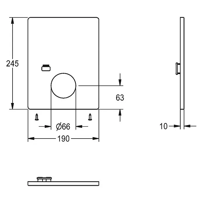 KWC Waschbecken KWC -  - Bemaßte technische Zeichnung einer rechteckigen Platte mit kreisförmigem 66mm Ausschnitt und kleiner rechteckiger Öffnung, 10mm dick.