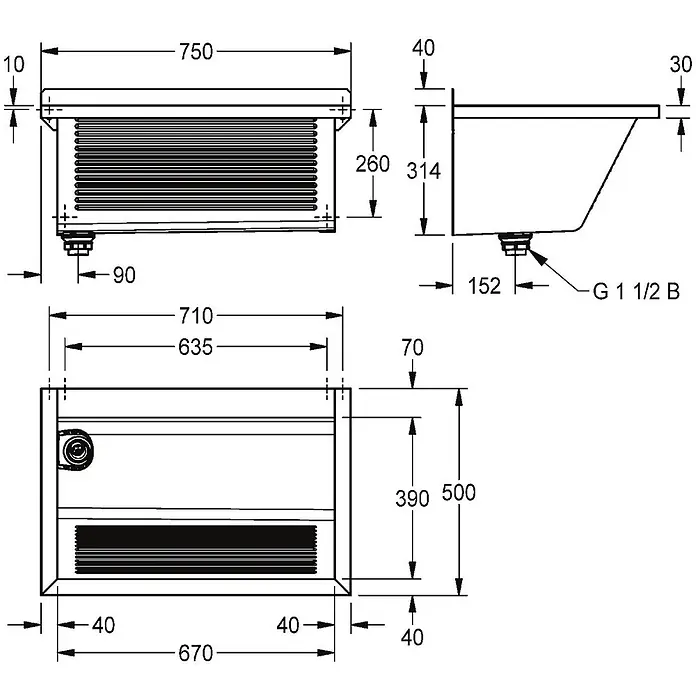 KWC Waschbecken KWC - Ohne Überlauf - Technische Zeichnung eines rechteckigen Spülbeckens mit Maßen für die Installation, inkl. G 1 1/2 B Anschluss.