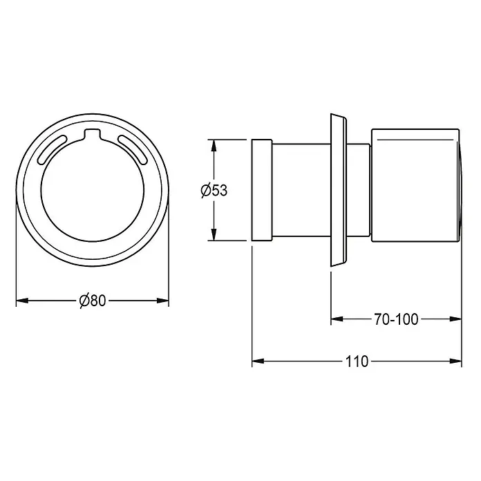 KWC Waschbecken KWC -  - Technisches Zeichnung eines zylindrischen Ablaufs mit einstellbarer Länge (70-100mm) und 80mm Durchmesser.