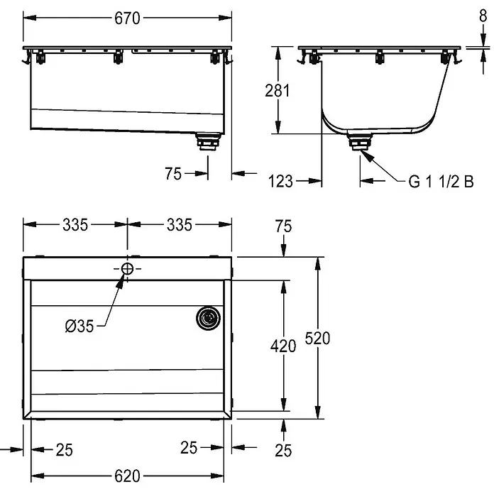 KWC Waschbecken KWC - Edelstahl - Technische Zeichnung eines rechteckigen Waschbeckens mit Maßen, Ø35 Hahnloch und G 1 1/2 B Ablaufanschluss.