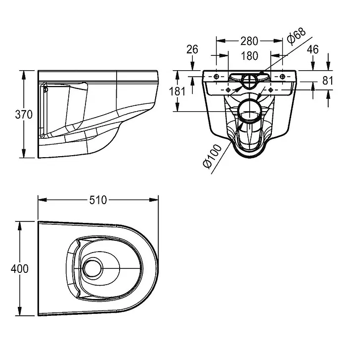 KWC Waschbecken KWC -  - Technisches Diagramm einer wandhängenden Toilette mit Maßen in Seiten-, Aufsichts- und Vorderansicht.