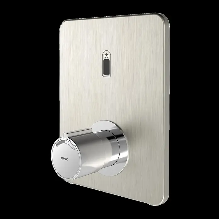 KWC Waschbecken KWC -  - Gebürstetes Metall-Duschbedienfeld mit zylindrischem Chromgriff, Power-Symbol und Anzeigeleuchte.