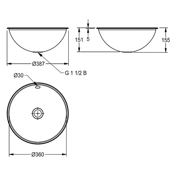 KWC Waschbecken KWC -  - Technische Zeichnung eines runden Waschbeckens mit Maßen: Ø387mm, H155mm, G 1 1/2 B Ablauf.