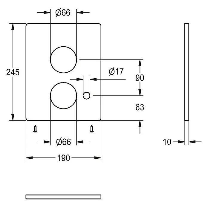 KWC Waschbecken KWC -  - Technische Zeichnung einer rechteckigen Montageplatte mit zwei großen Ø66mm Löchern und einem kleinen Ø17mm Loch, Maße angegeben.