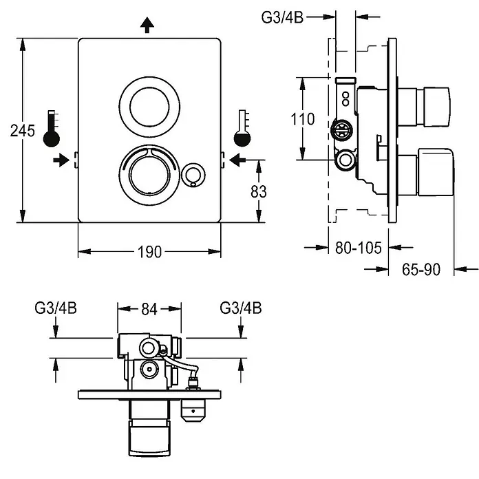 KWC Waschbecken KWC -  - Unterputz-Duschmischer-Maßzeichnung mit Front-, Seiten- und Draufsicht, Details zu Abmessungen (245x190mm) und G3/4B-Anschlüssen.