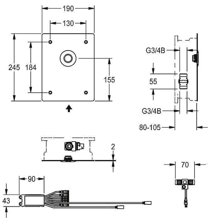 KWC Waschbecken KWC -  - Technische Zeichnung einer Dusch-Installationseinheit mit Maßen, G3/4B-Anschlüssen und Einbautiefe.