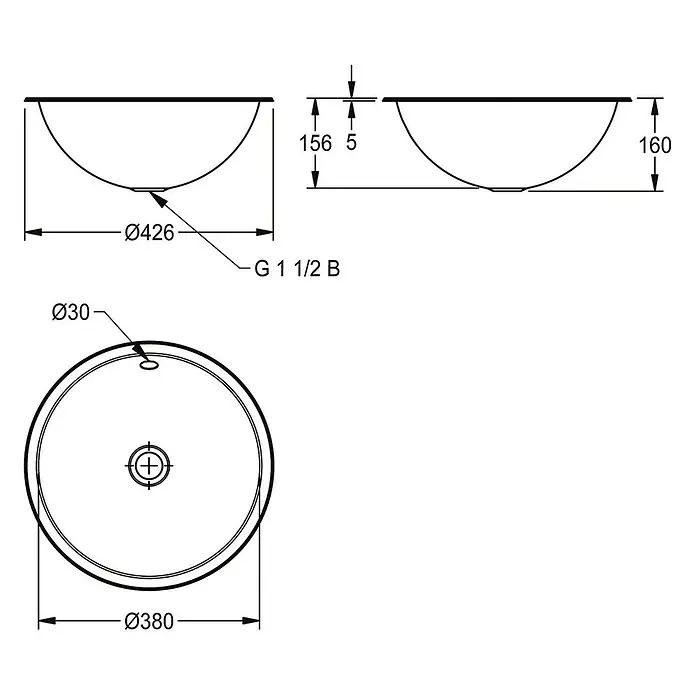 KWC Waschbecken KWC - Mit Überlauf, Edelstahl - Technische Zeichnung eines runden Waschbeckens. Zeigt Ø426mm oben, 160mm hoch, Ø30mm Ablauf, G 1 1/2 B Anschluss.